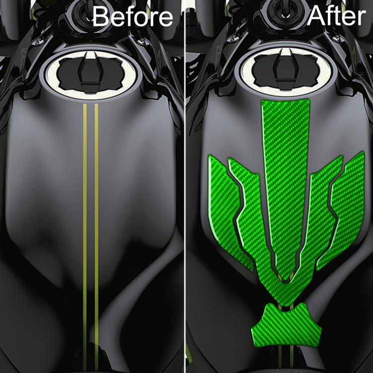 Fuel tank cap sticker set before-and-after view featuring green decals on fuel tank