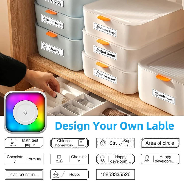 Portable mini Bluetooth label printer applying custom labels to storage bins