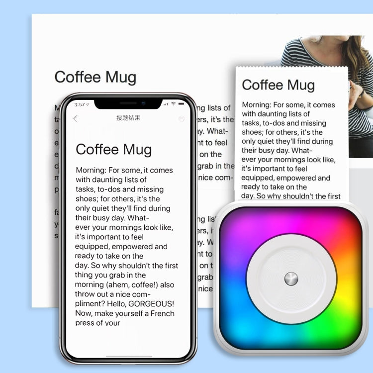 Portable mini Bluetooth inkless printer with RGB light and printed label sheets