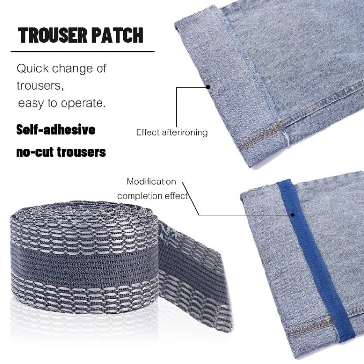 Iron-on trouser patch roll with dark gray mesh pattern, shown on folded denim
