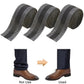 Set of dark gray iron-on pant leg tape strips, rolled and shown on trousers