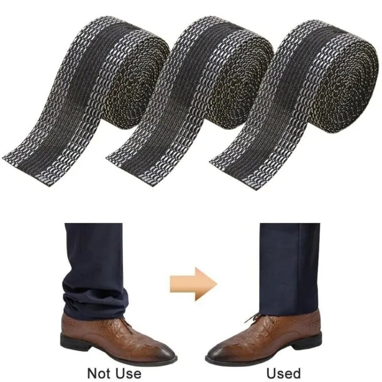 Set of dark gray iron-on pant leg tape strips, rolled and shown on trousers