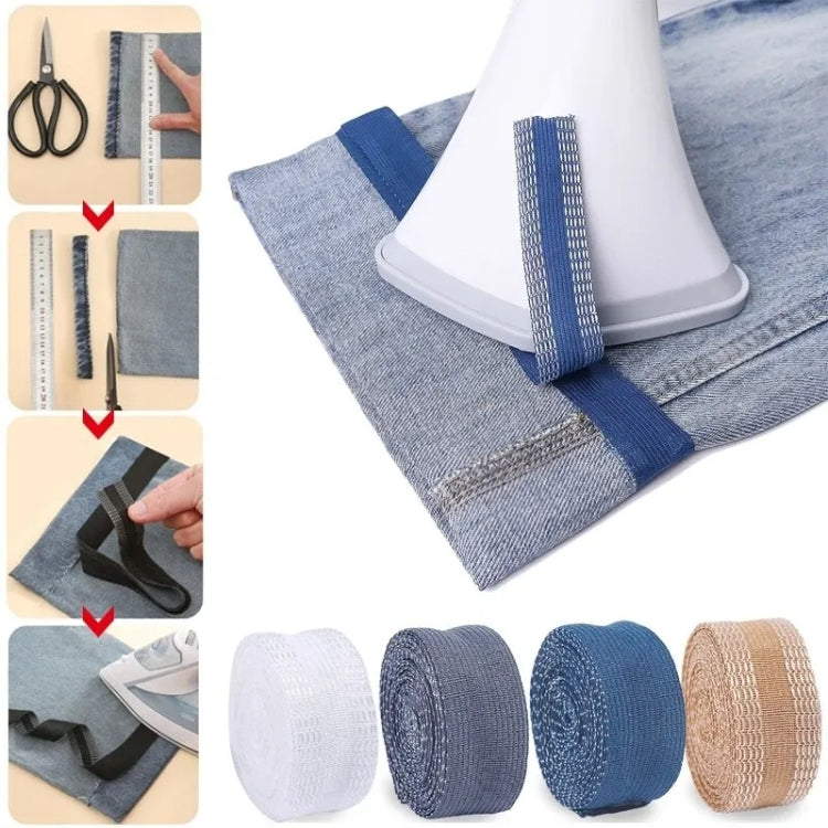 Iron-on pant leg tape rolls in white, light gray, blue, and beige