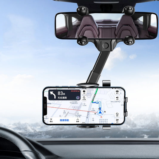 Black retractable rearview mirror phone holder mount with four suction-style knobs