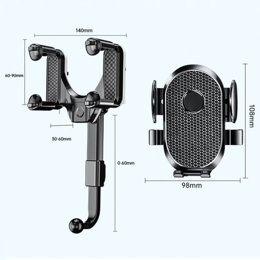 Black retractable phone holder with circular textured stand and adjustable length arm
