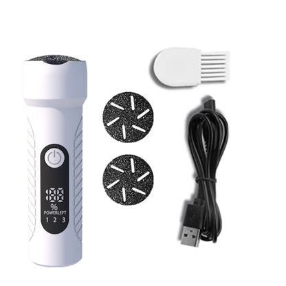 Electric foot callus remover kit, white handheld unit with roller heads and power cord