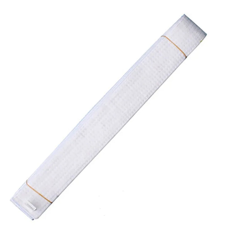 White taekwondo belt sash with textured weave and tan edge stitching