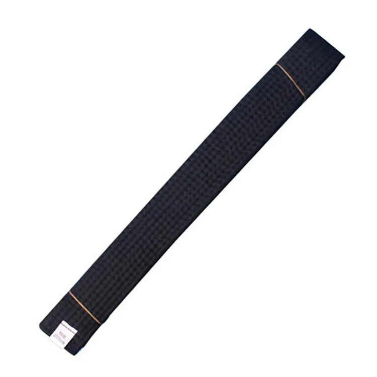 Black taekwondo belt sash with tan border seam and folded end