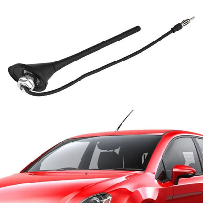 Universal automotive radio antenna with black whip and base mount, wired connector end