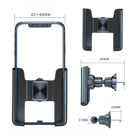 Car air vent phone holder bracket with clamp and telescopic mount shown with size labels
