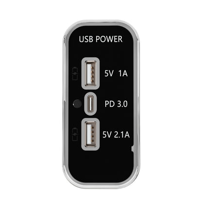 Silver USB car charger with two USB-A ports and one USB-C PD 3.0 port