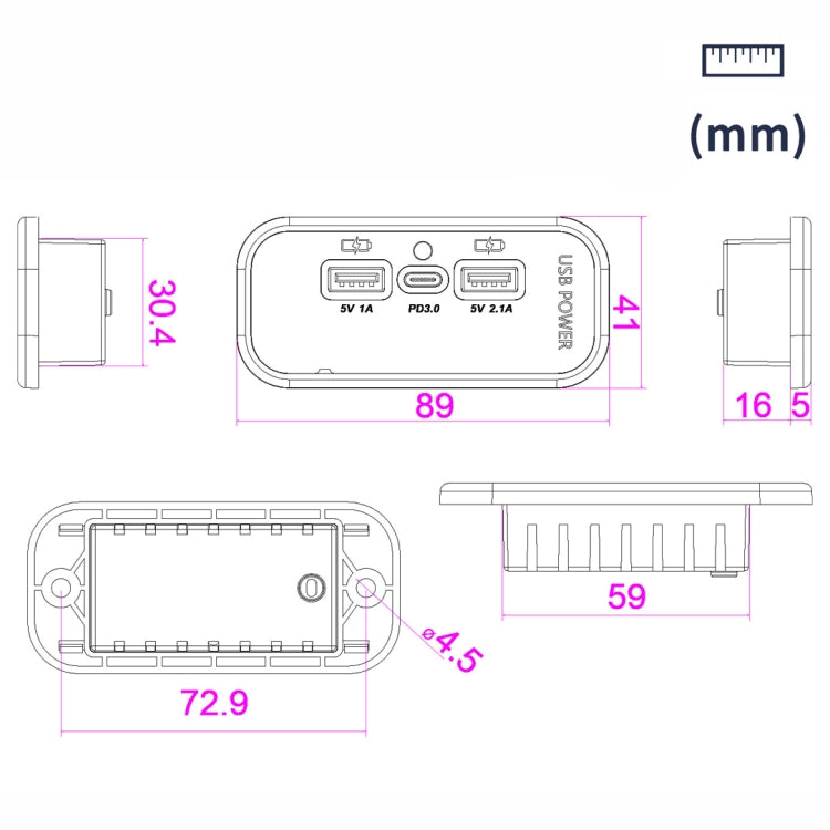 USB car charger dimension diagram with mm measurements and mounting sizes