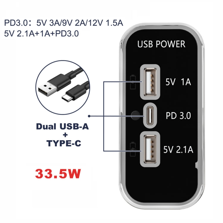 Silver USB car charger with USB-A and USB-C ports labeled PD 3.0 and 5V outputs