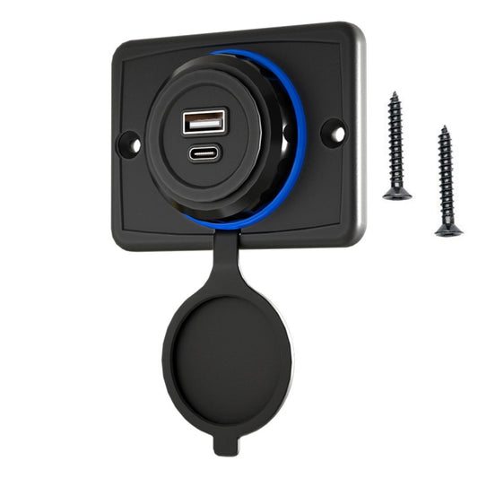 Car USB charger socket with two USB ports and waterproof black cover, blue accent ring