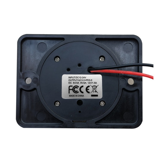 Back view of car USB charger socket with input/output wiring terminals and label