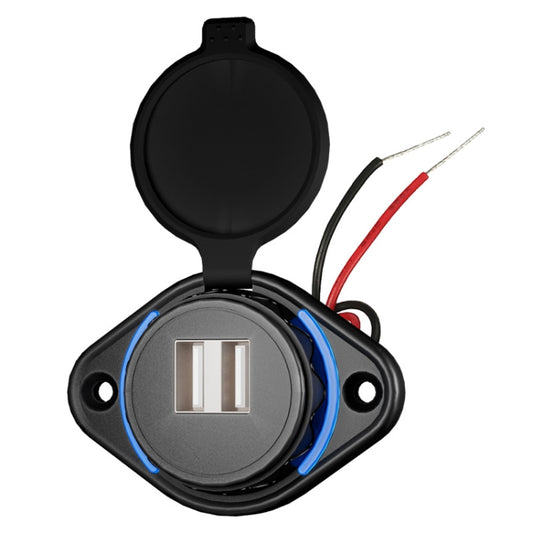 Dual USB car charger module with two metal ports and wiring, black and blue trim.
