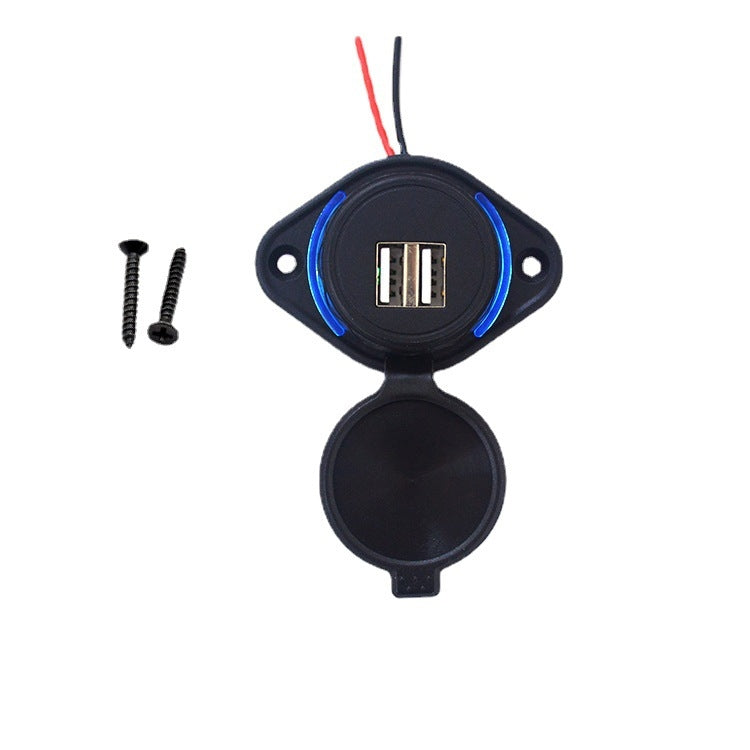 Dual USB car charger module with two ports, includes mounting screws, black with blue ring.