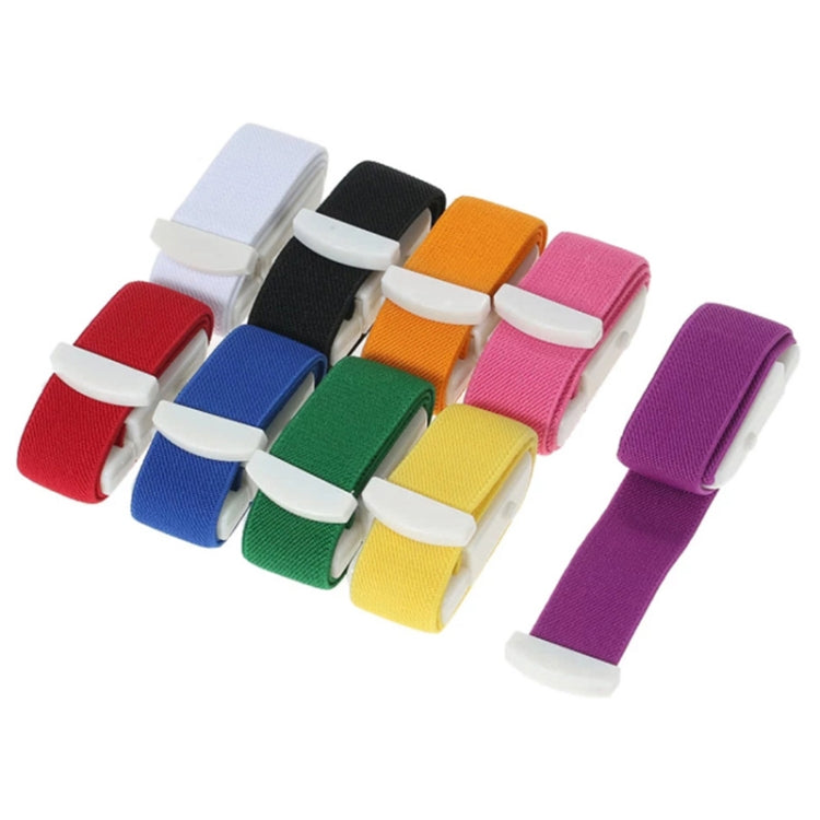 Color assortment of elastic snap tourniquets with white buckle clips, multiple bands.