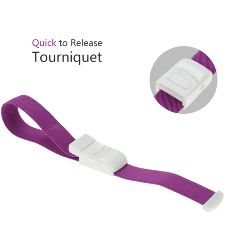 Purple elastic snap tourniquet band with white buckle clip and release piece.