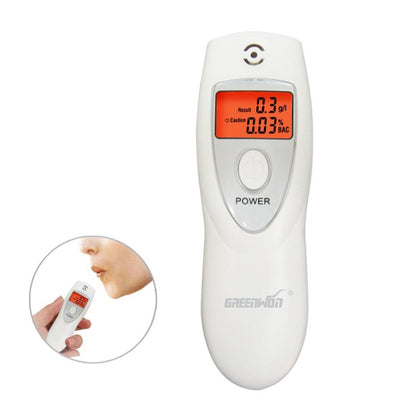Handheld breath alcohol tester with orange digital display and POWER button
