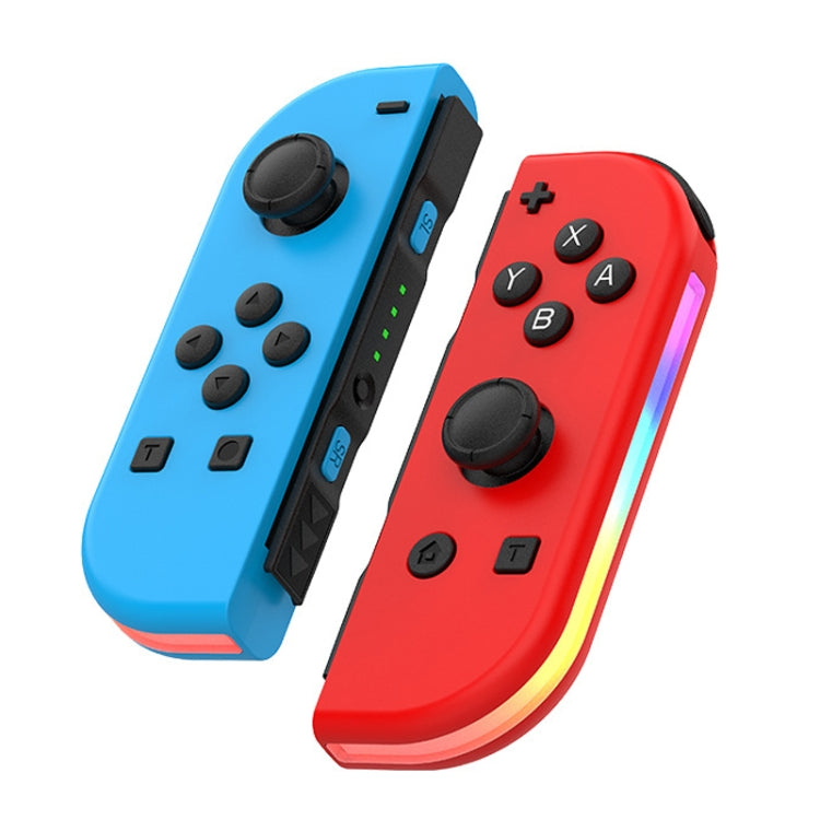 Blue and red left-right game controller set with twin thumbsticks and RGB light bar.