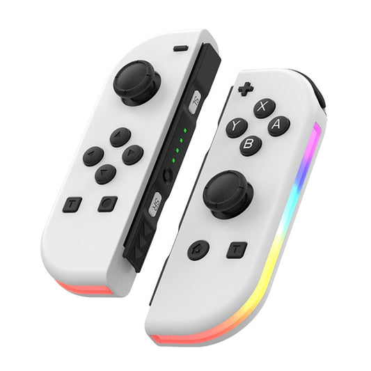 White left-right game controller set with twin thumbsticks and RGB light bar.