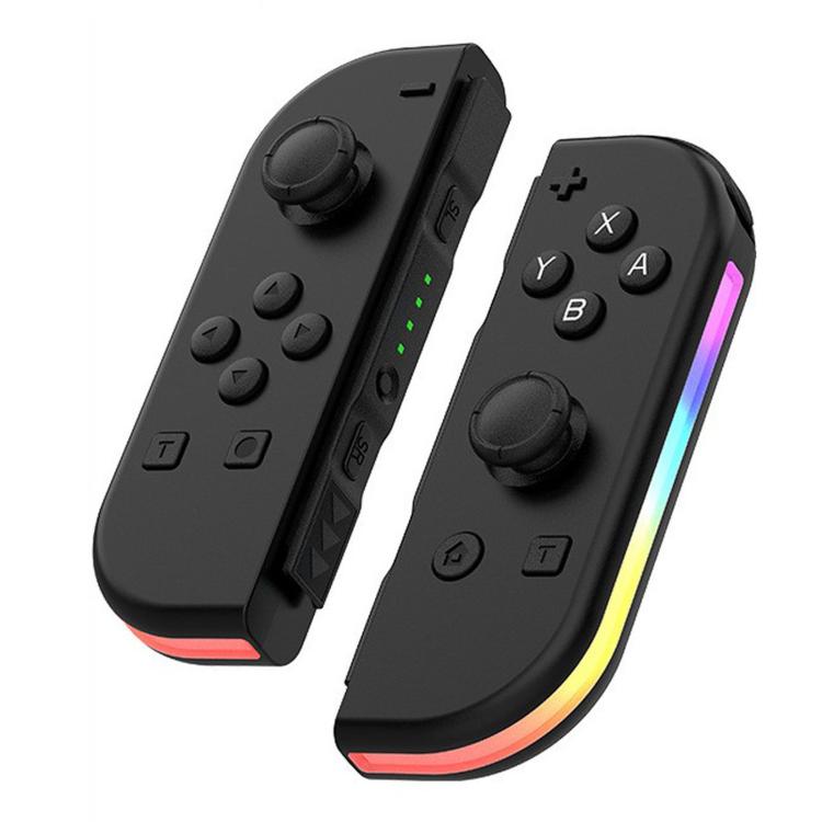 Black left-right game controller set with twin thumbsticks and RGB light bar.