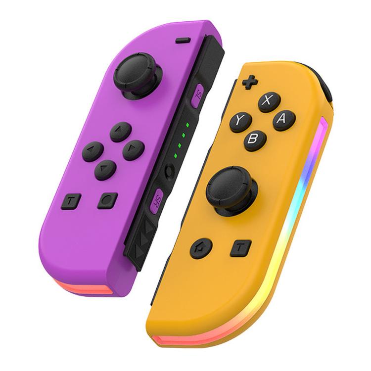 Purple and yellow left-right game controller set with twin thumbsticks and RGB light bar.