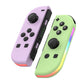 Lavender and light green left-right game controller set with twin thumbsticks and RGB light bar.