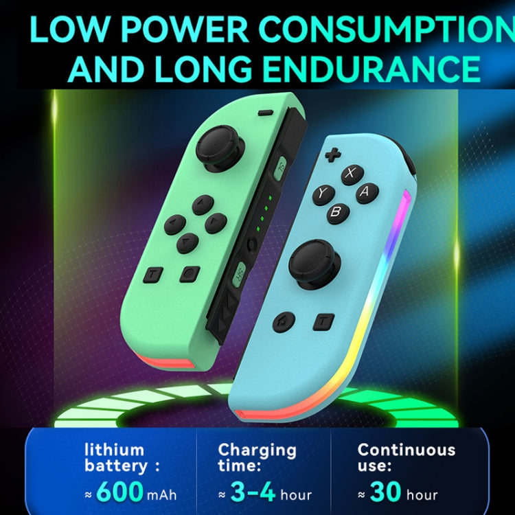 RGB Joy-Con handles in mint green and light blue with neon edge lighting