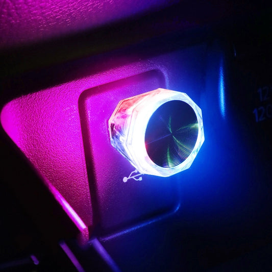 Car USB LED diamond light showing purple and blue glowing effect