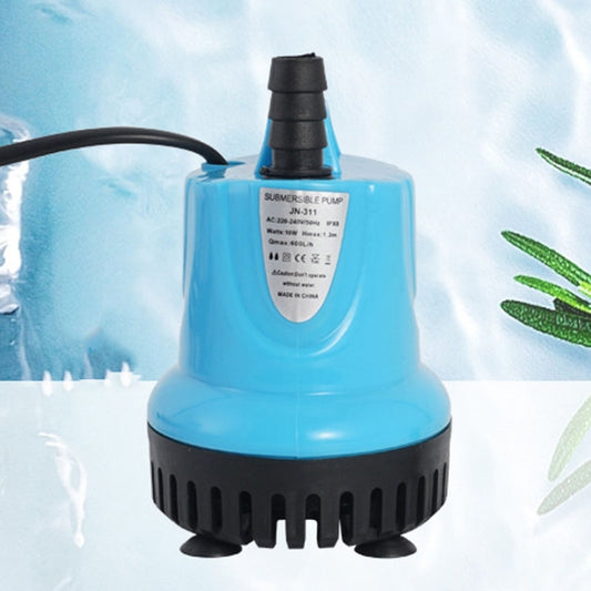 Light blue submersible water pump with black vented base and upright inlet nozzle