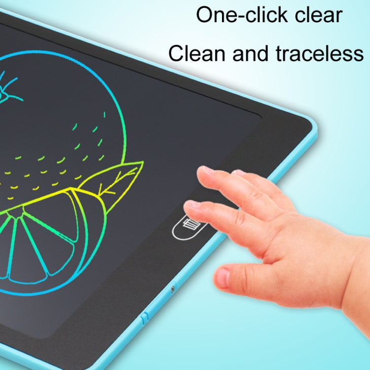 Pink children LCD writing board with blue stylus, colorful doodles on writing screen