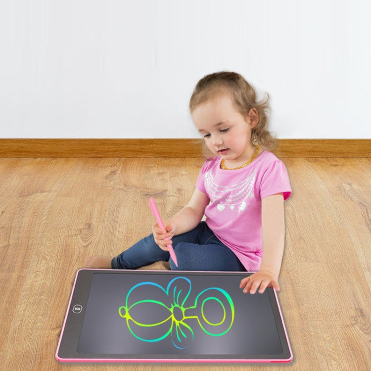 Children's LCD writing board, pink frame, kid using stylus with colorful drawing