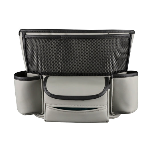 Light grey car armrest storage organizer with central lidded pocket and two side holders