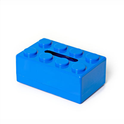 Blue building-block tissue storage box with round studs and tissue slot