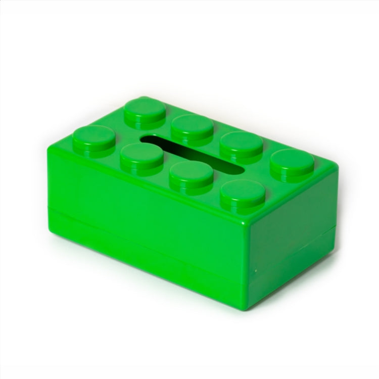 Green building-block tissue storage box with round studs and tissue slot