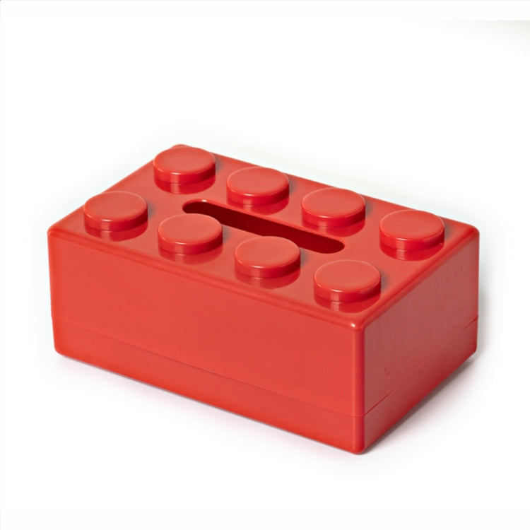 Red building-block tissue storage box with round studs and tissue slot