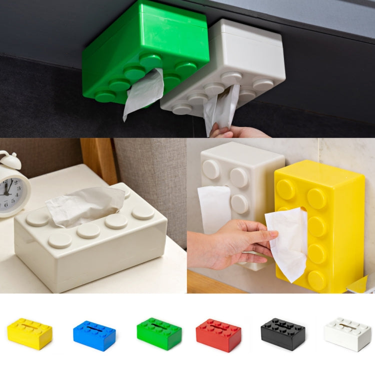 Colorful building-block tissue storage box set with tissue openings, yellow and white shown