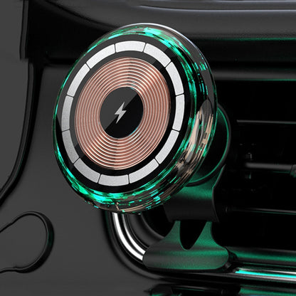Car wireless phone charger holder with glowing circular LED ring and ice-blue accents