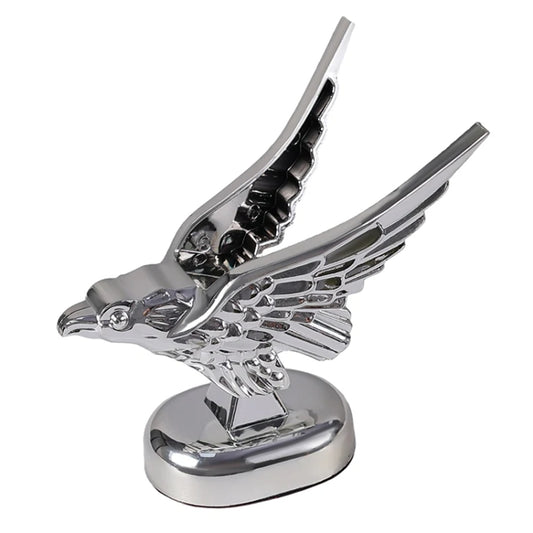 Chrome eagle wing hood ornament with 3D spread wings on round base