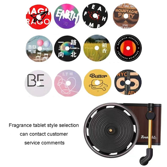 Vinyl-style fragrance refill discs and retro gramophone car diffuser ornament