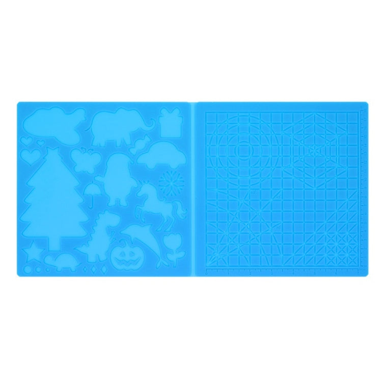 Blue double-sided silicone 3D drawing template mat with icons on one side, grid on other