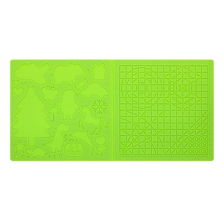 Green double-sided silicone 3D drawing template mat with icons on one side, grid on other