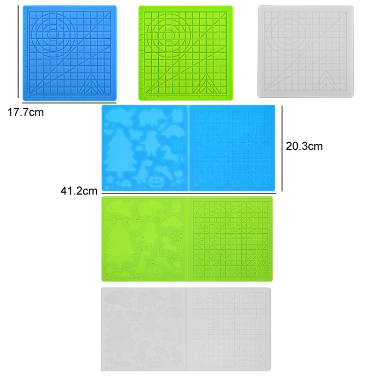 Set of silicone 3D drawing template mats in blue, green, and clear with size labels