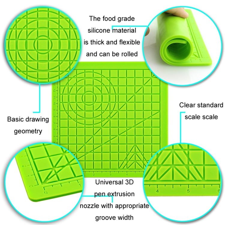 Green silicone 3D drawing template mat close-up with raised grid and grooved channels