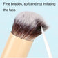 Soft bristle makeup brush head in a fan shape on a light handle