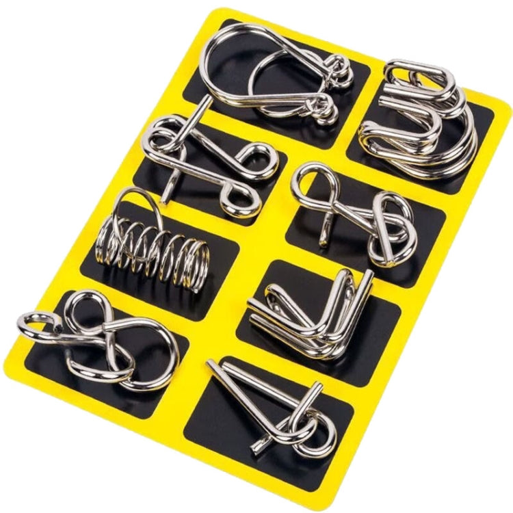 Nine-link metal puzzle set with shiny interlocking pieces on a yellow card
