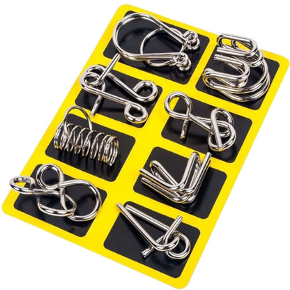 Nine-link metal puzzle set with shiny interlocking pieces on a yellow card