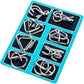 Nine-link metal puzzle set with shiny interlocking pieces on a blue card